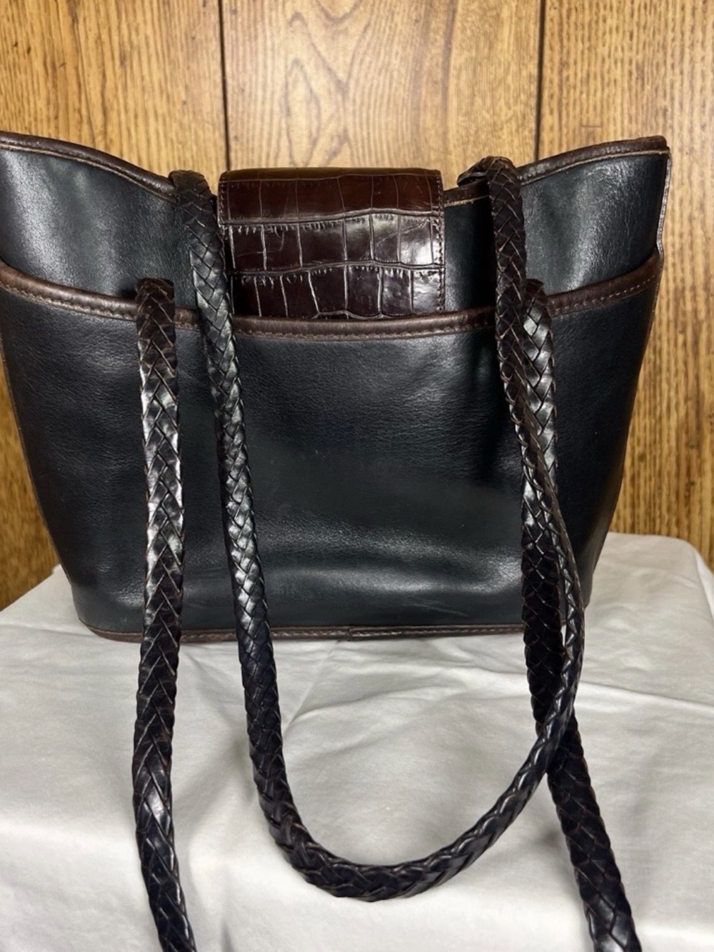 BRIGHTON Black Brown Croc Leather Bucket Shoulder Handbag Satchel Purse Bag - Picture 2 of 10